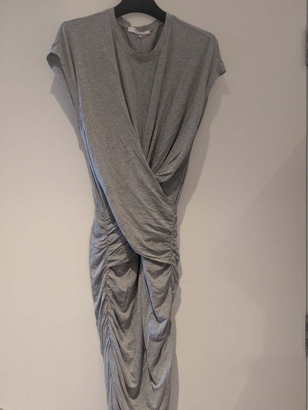 FRAME Grey Ruched Wrap Front Cap Sleeve Dress